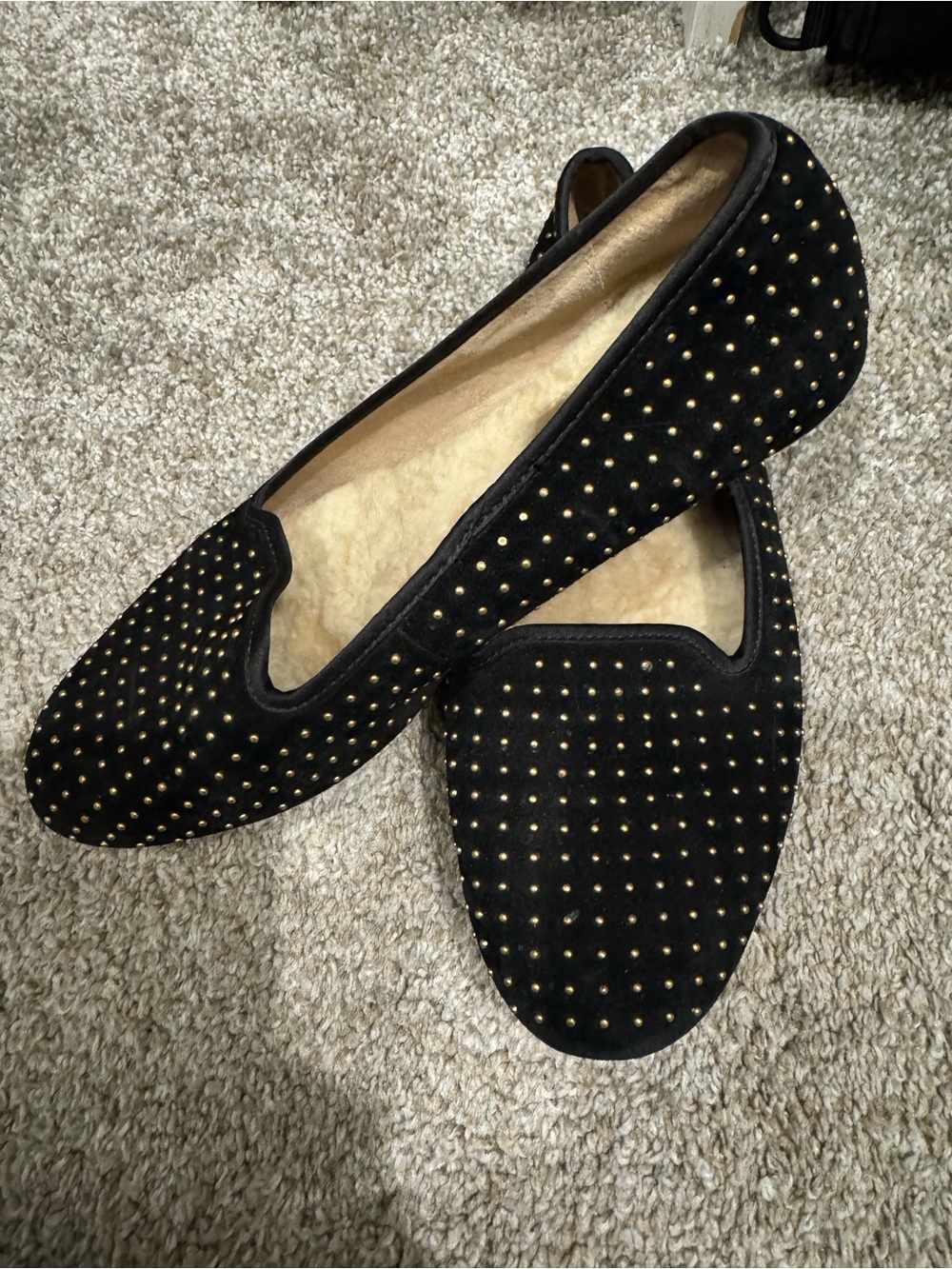 UGG Black Suede Studded Slip-On Flats with Gold Accents